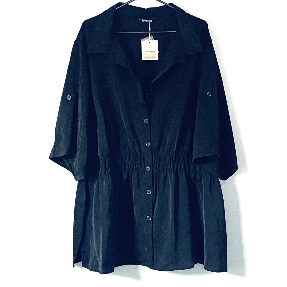 Bloom Chic Tunic Top Plus Size 28 Black Button Up Roll Tab Sleeves Satin NEW